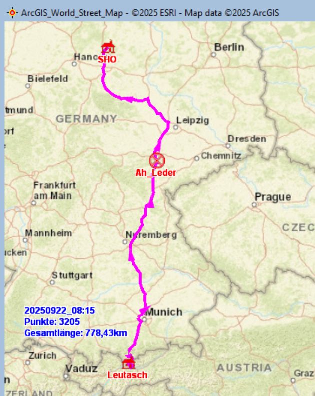 Fahrstrecke Leutach Tirol  − Schönewörde am 21.09. 2025